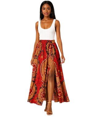 African Ankara Print Boho Maxi Skirt with Front Slit • High Waist • Size L